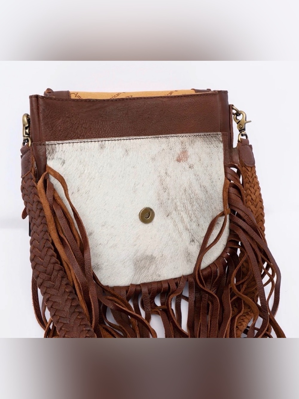 Western Fringe Crossbody Bag with Cowhide Flap - Brown & White - Picture 3 of 6
